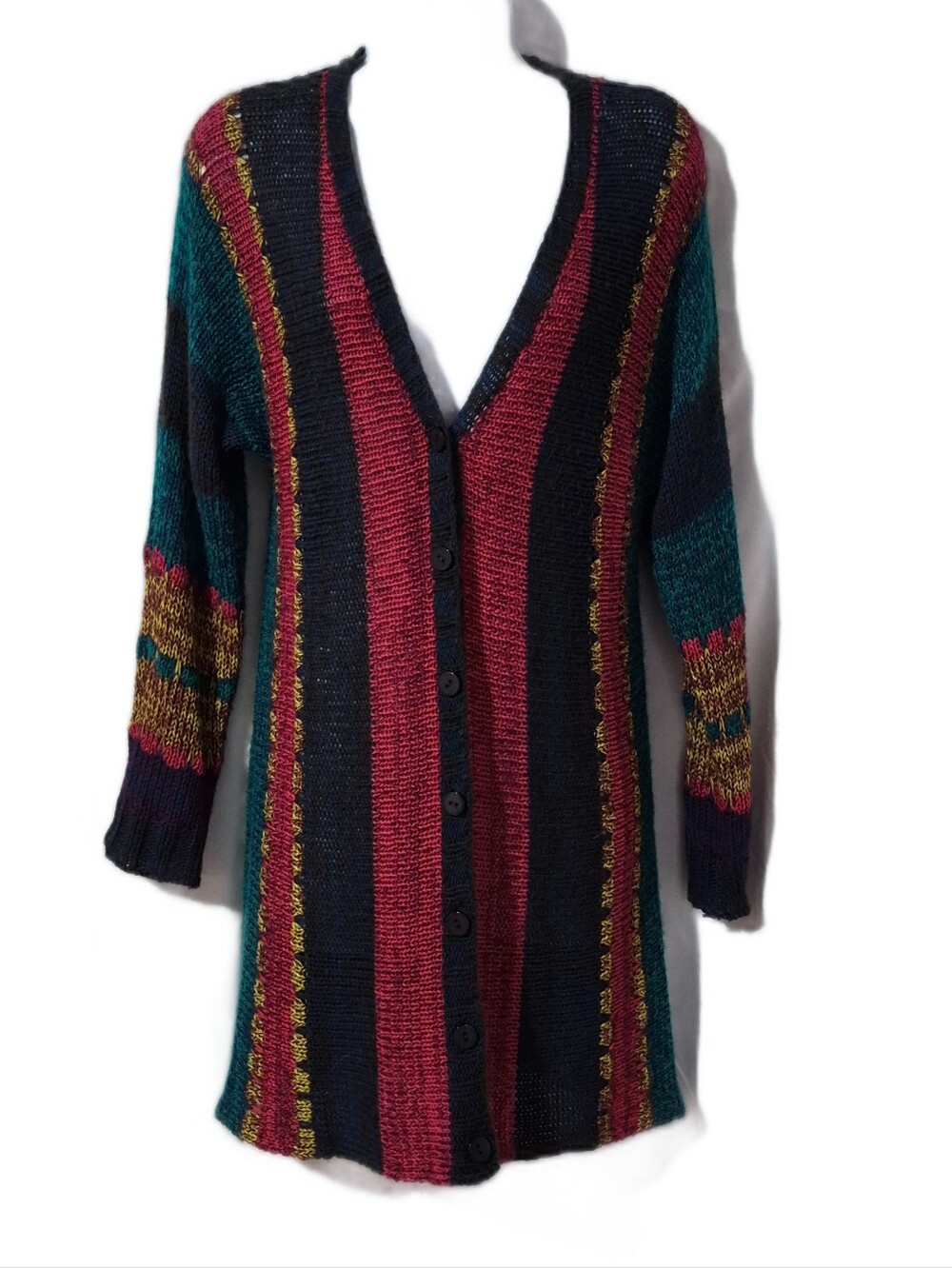 Sahalie Striped V-Neck Button-Front Long Cardigan Duster Sweater Multicolor EUC